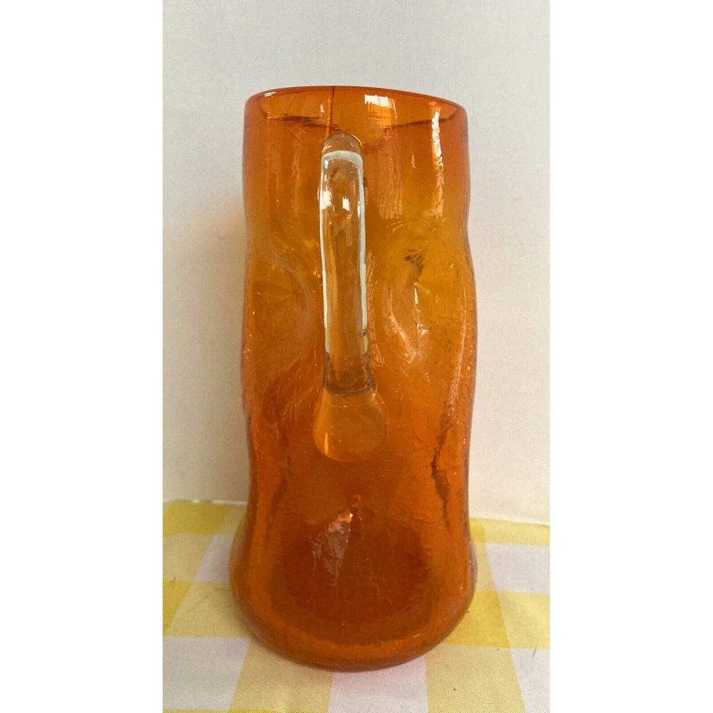 Vintage Blenko crackle glass dimpled tall pitcher Amberina orange clear handle